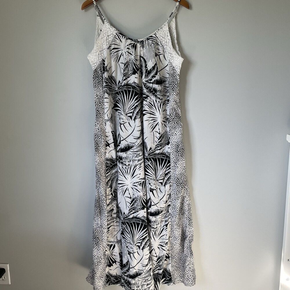 Aerie Tropical Palm Print Maxi Dress Sleeveless Black White Lace Women's Small